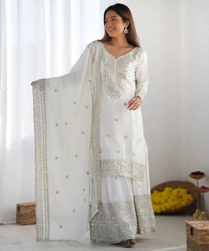 White embroidered kurti with palazzo sequins work designer kurti set with dupatta