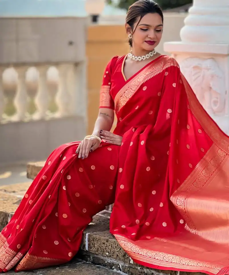 Red soft silk blend saree with zari weaving meenakari design