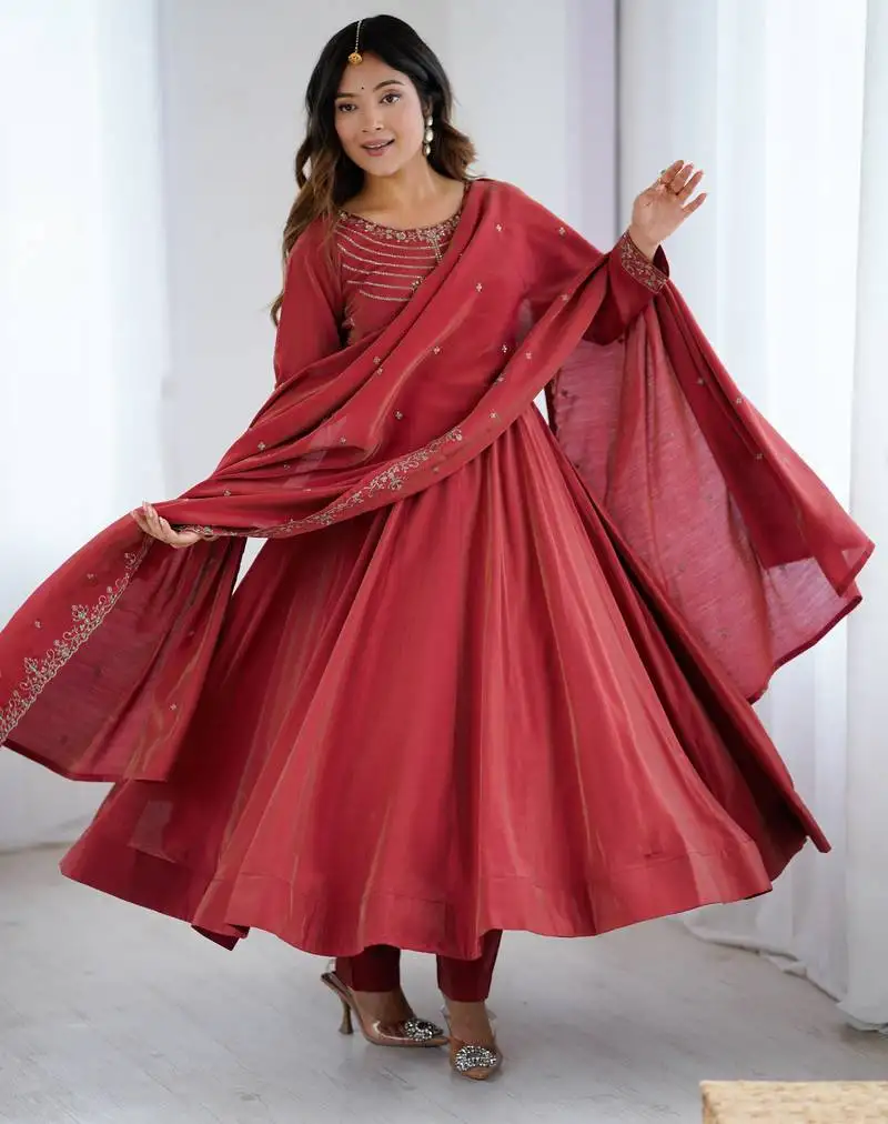 Flowy maroon long anarkali with matching dupatta elegant occasion wear stitched
