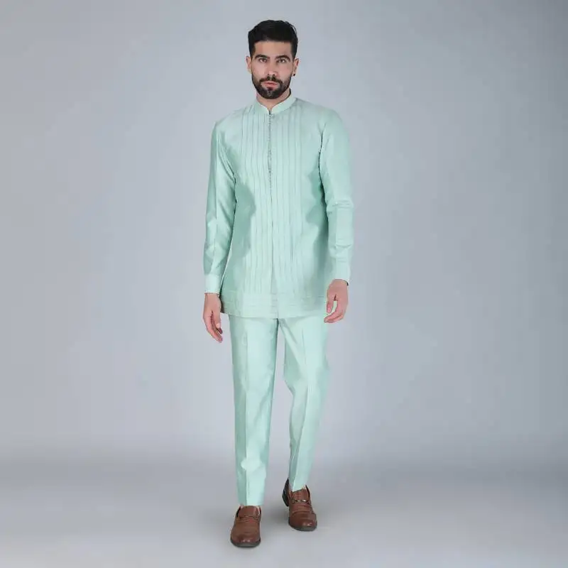 Sea green thread and sequins embroidered short indowestern