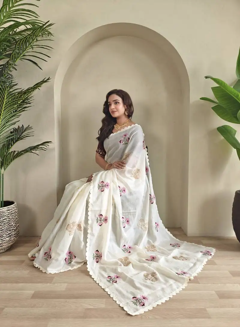 White kota doriya saree with self weaving