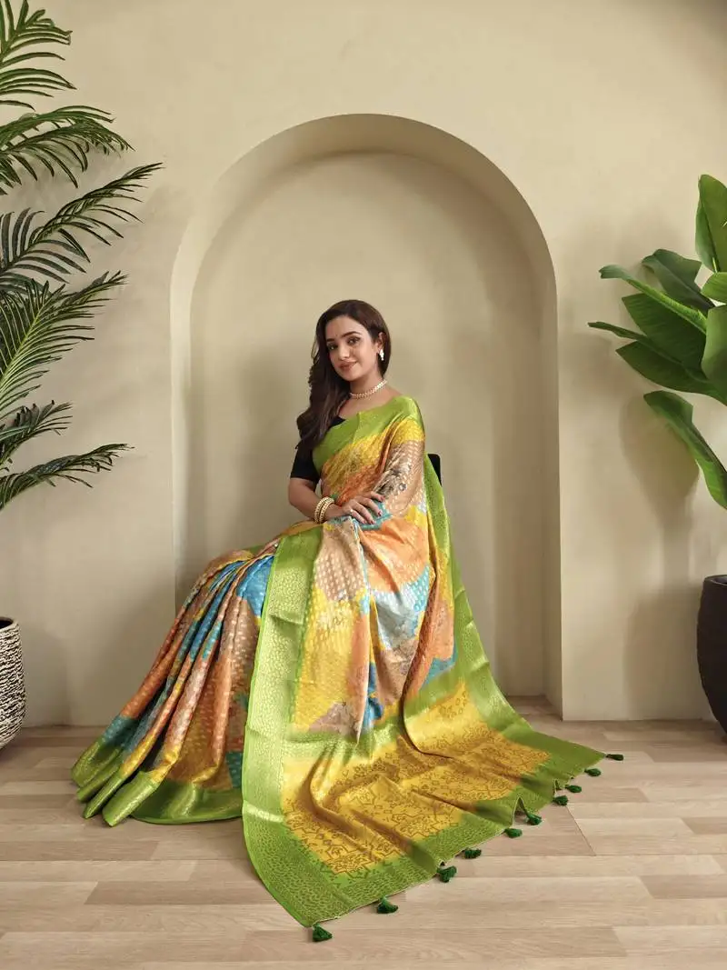Yellow printed georgette weaving saree with blouse