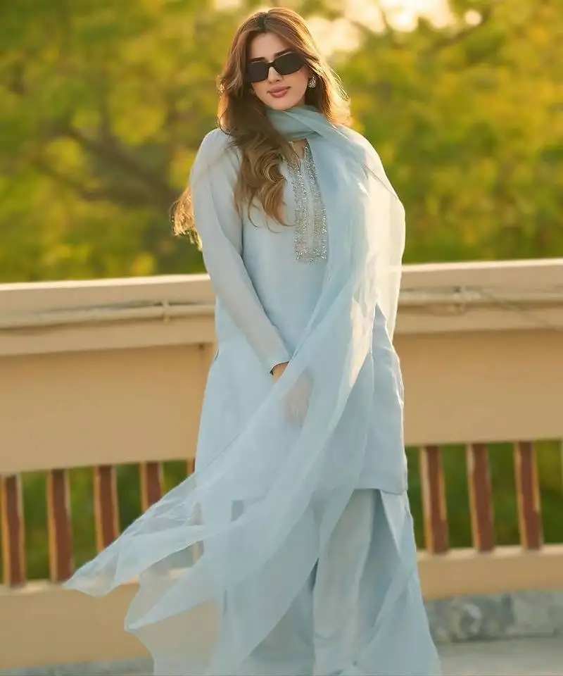 Aqua blue georgette with embroidery work top-bottom dupatta set stitched