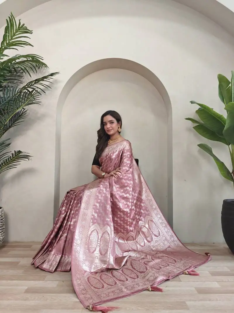Onion pink mashru satin saree with leheriya weaving design