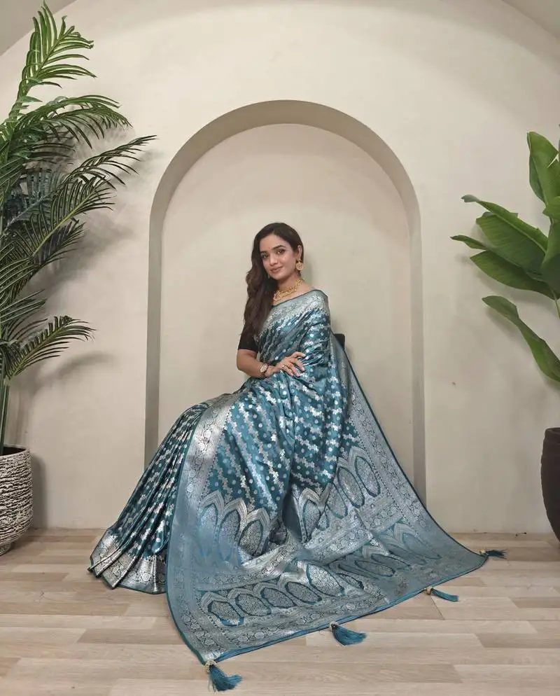 Sky blue mashru satin saree with leheriya weaving design