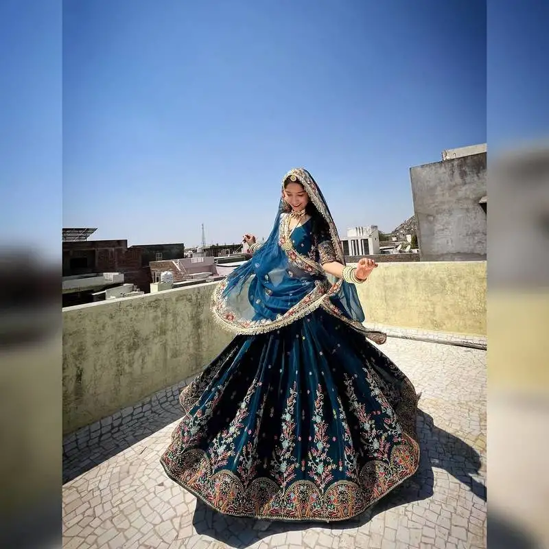 Blue thread & sequin work lehenga choli set