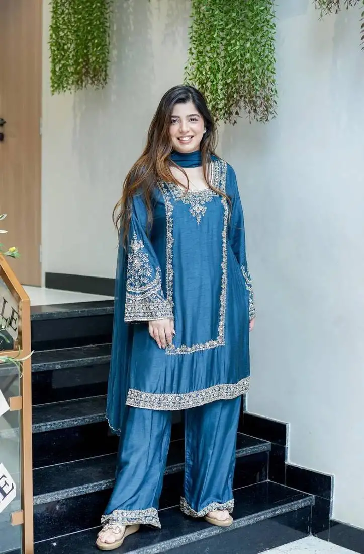 Elegant german chiffon suit set with embroidery work stitched