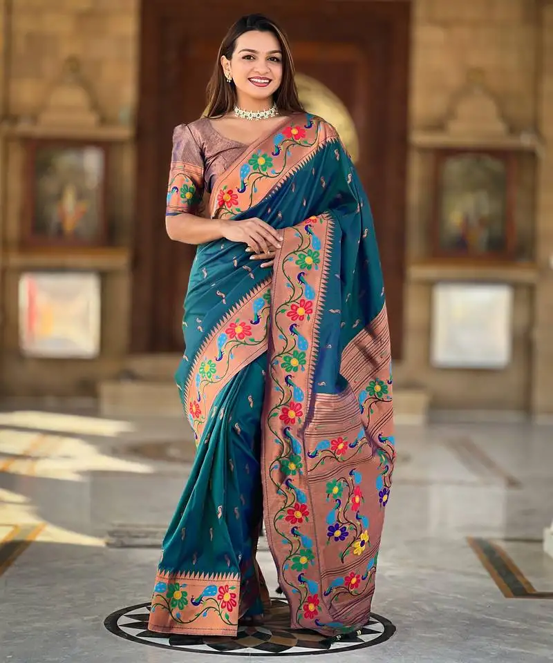 Teal blue faux banarasi silk saree with paithani rich weaved pallu and blouse