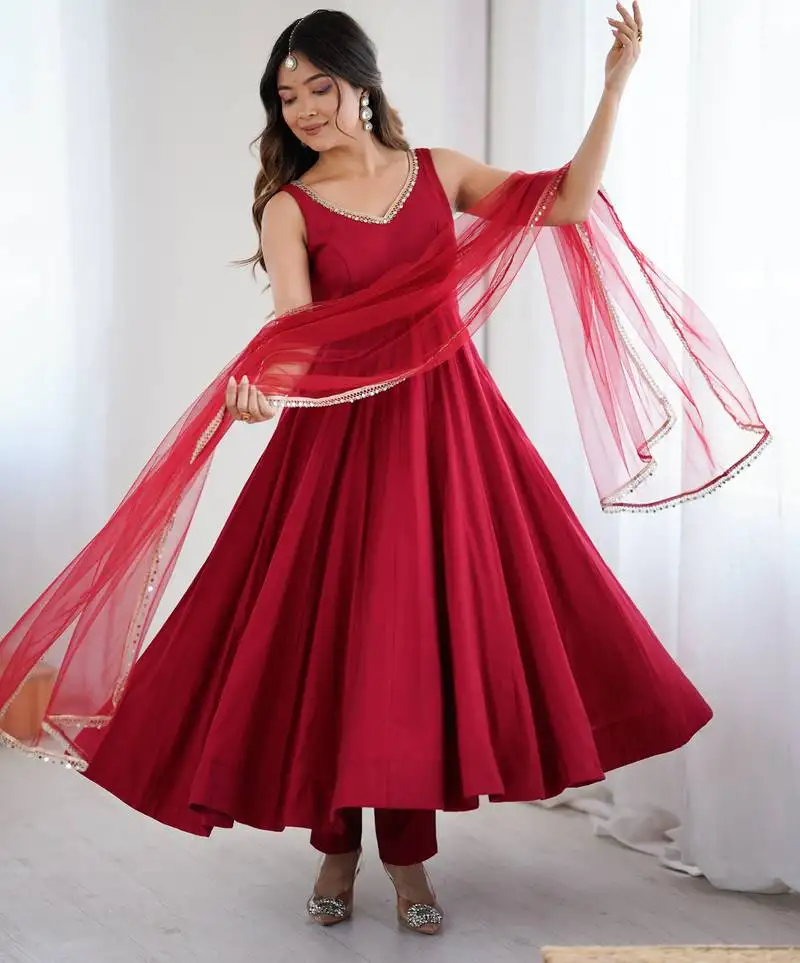 Maroon pure roman silk anarkali suit stitched