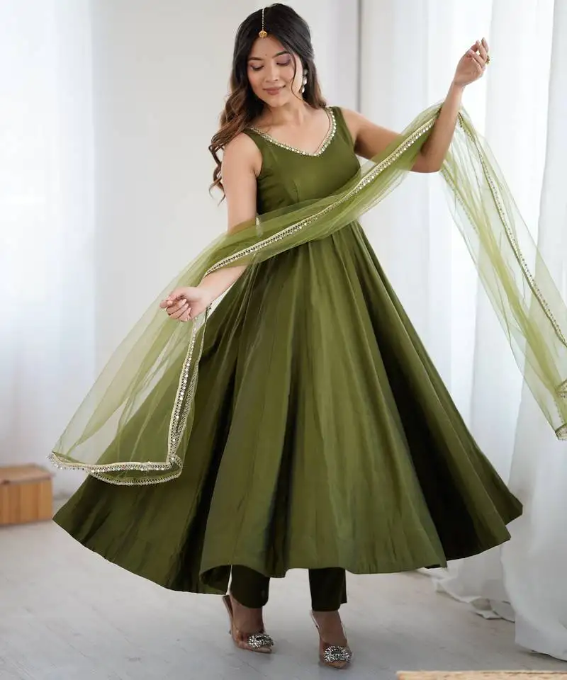 Mehandi colour silk chanderi fabric fully flair anarkali kurti with pant dupatta set stitched