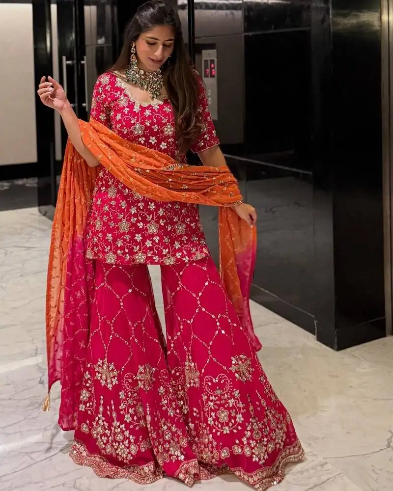 Heavy georgette sequins work sharara set with dupatta kurti set wedding wear dress