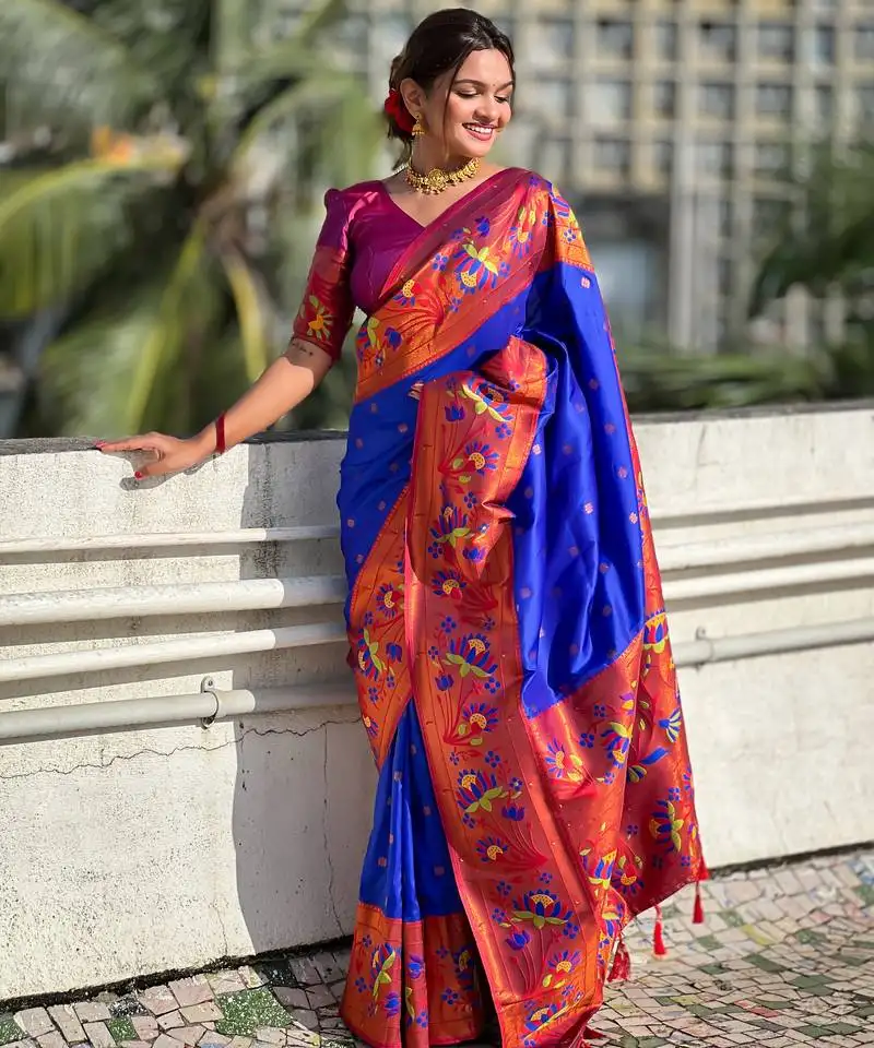 Blue silk blend saree with paithani weaved pallu and blouse
