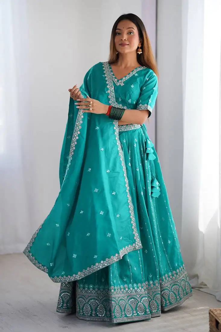 Sky blue thread work silk lehenga choli