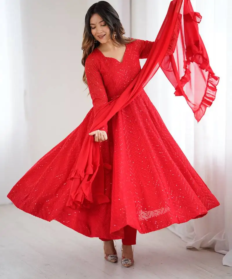 Designer red embroidered anarkali dress with ruffle dupatta ethnic wear stitched
