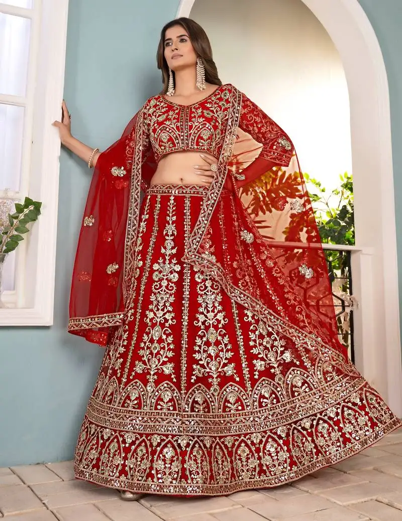 Red embroidered sequin net lehenga choli