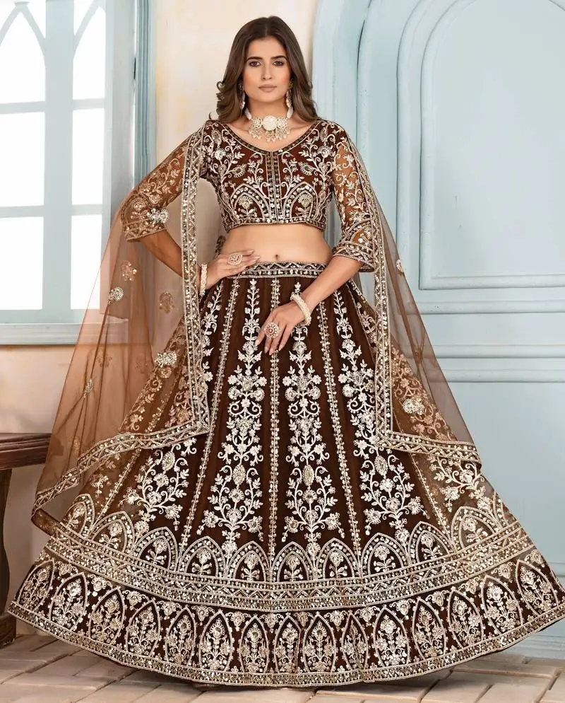 Mouse brown embroidered sequin net lehenga choli