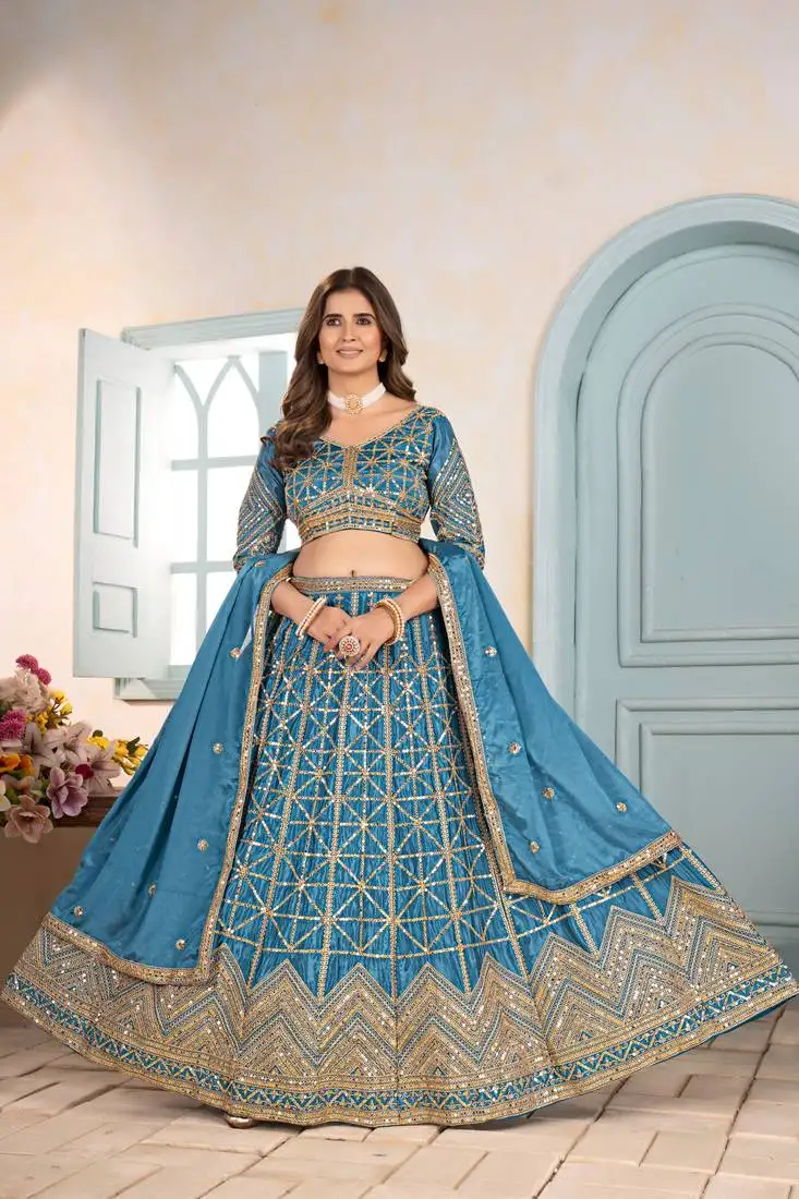 Teal blue embroidered sequin work lehenga choli