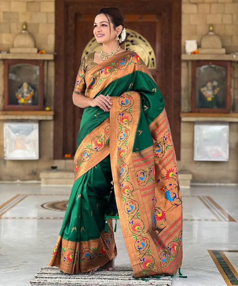 Green silk blend saree with paithani weaved pallu and blouse