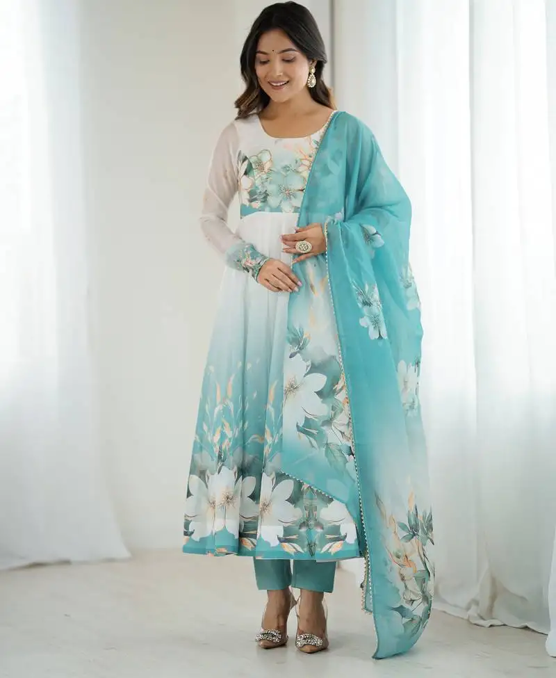Blue white ombre anarkali dress with dupatta stitched