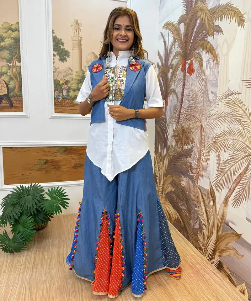 Beautiful embroidery work pure cotton fabric full stitched with shirt palazzo set