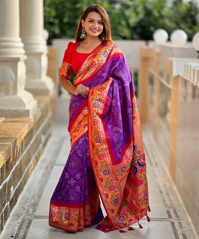 Purple silk blend saree with paithani & bandhani weaved pallu and blouse
