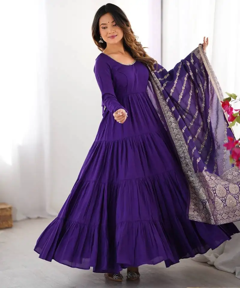 Chanderi fabric fully flair anarkali gown with dupatta, pent stitched