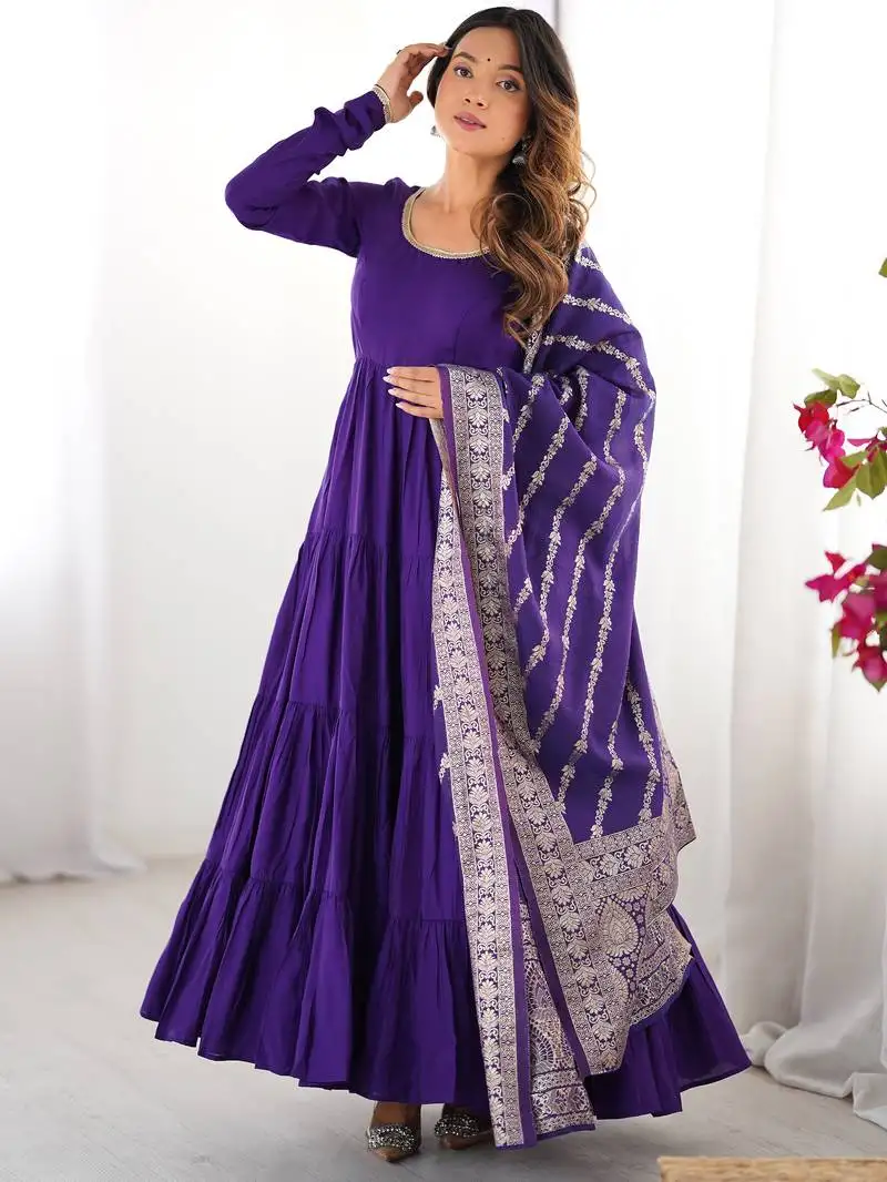 Purple chanderi anarakali suit with banarasi silk dupatta stitched