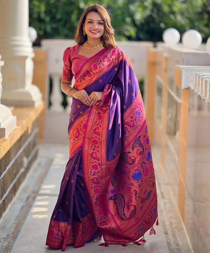 Violet silk blend saree with paithani weaved pallu and blouse