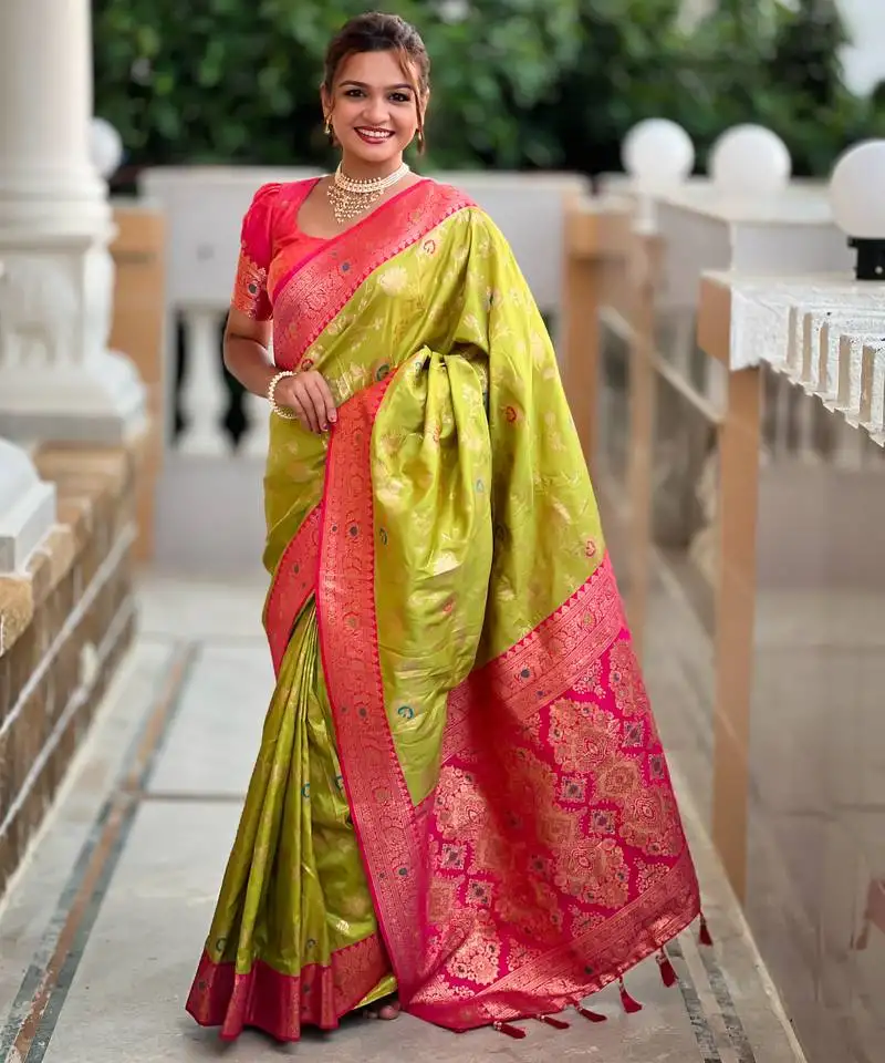 Lime green soft silk blend saree with zari weaving meenakari design