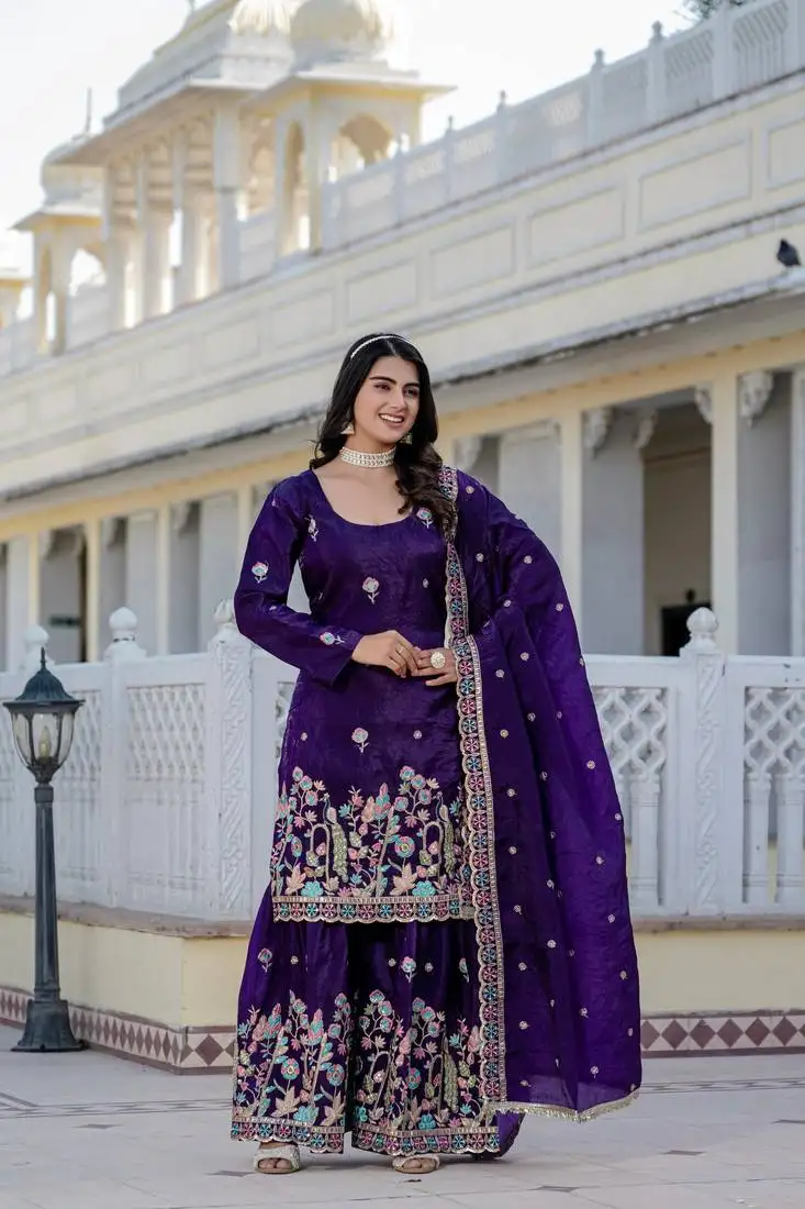 Women gorgeous gold crush fabric straight kurta, sharara and dupatta set