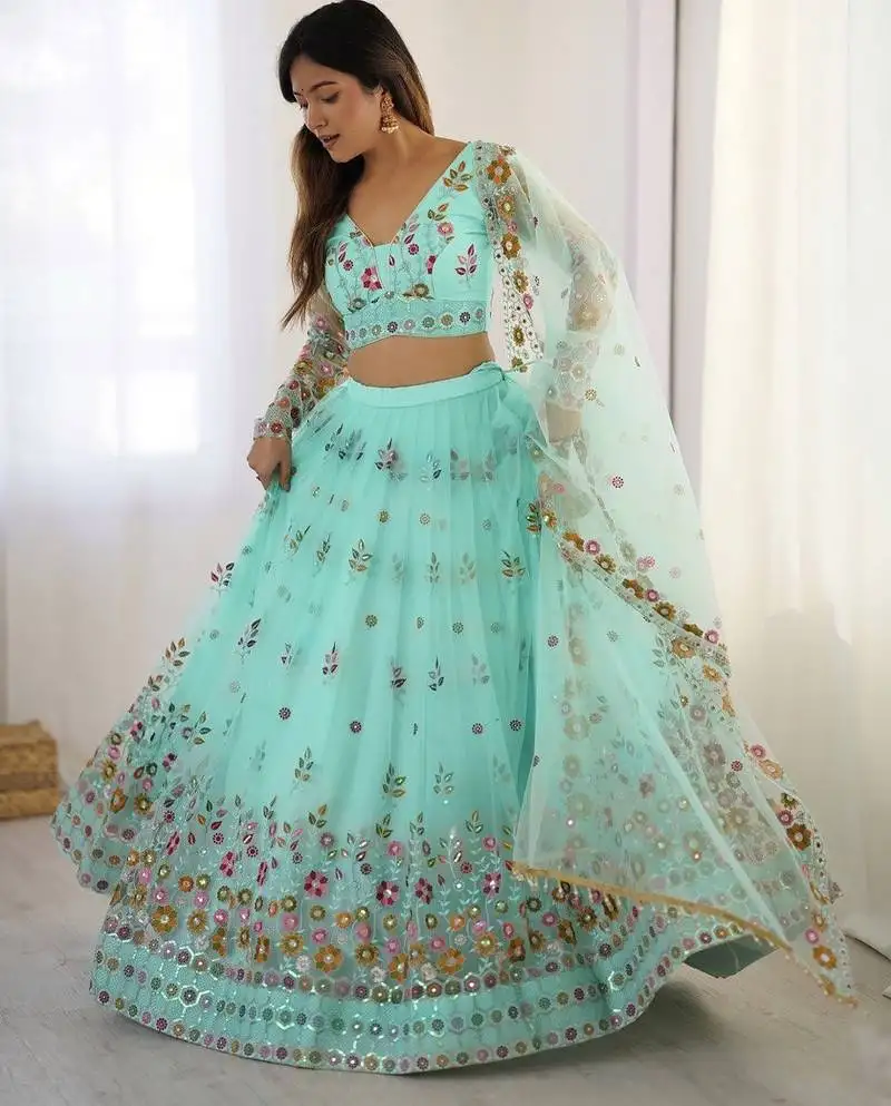Turquoise blue lehenga choli with thread and sequin work