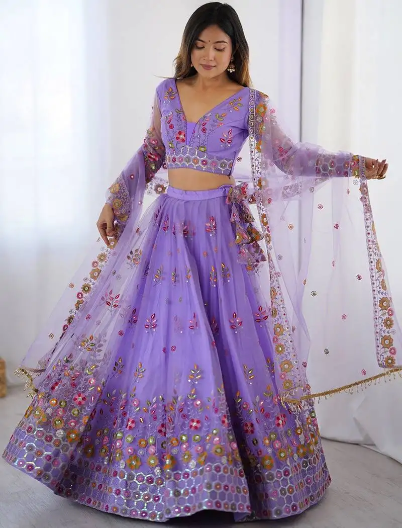 Stunning purple net sequins wedding wear lehenga choli with dupatta