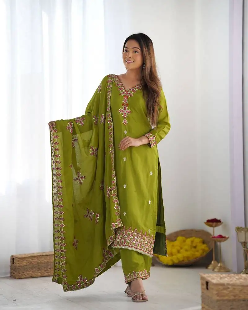Green designer suit set with dupatta stitched kurti set with dupatta