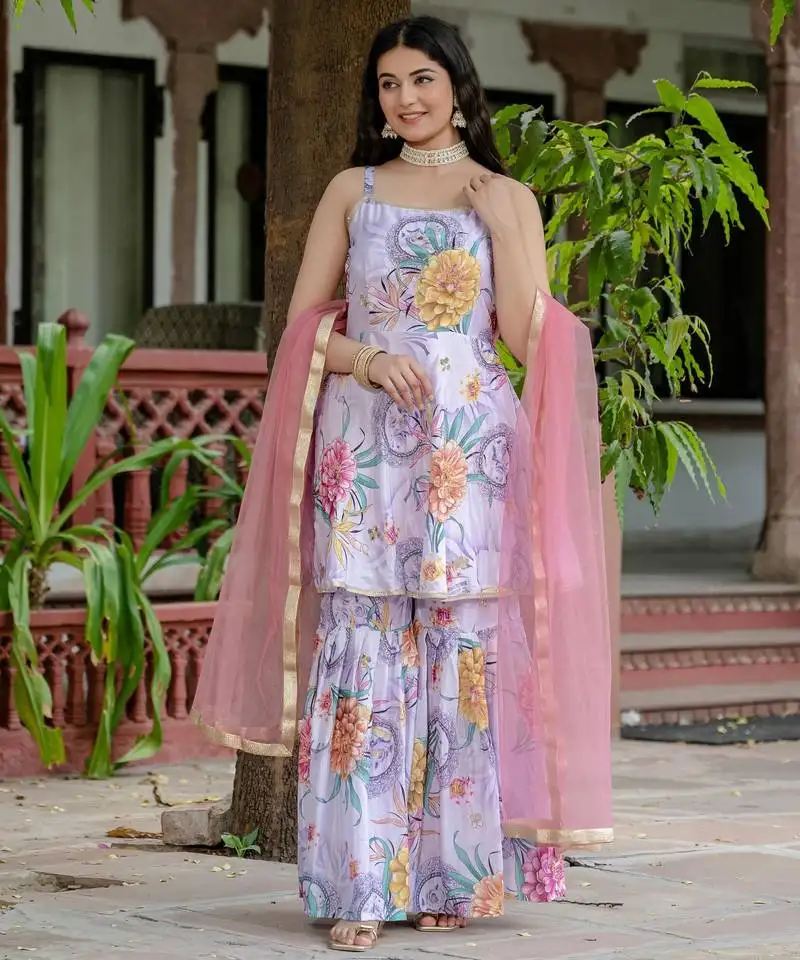 Women gorgeous digital printed chinon fabric straight kurta, sharara and dupatta set