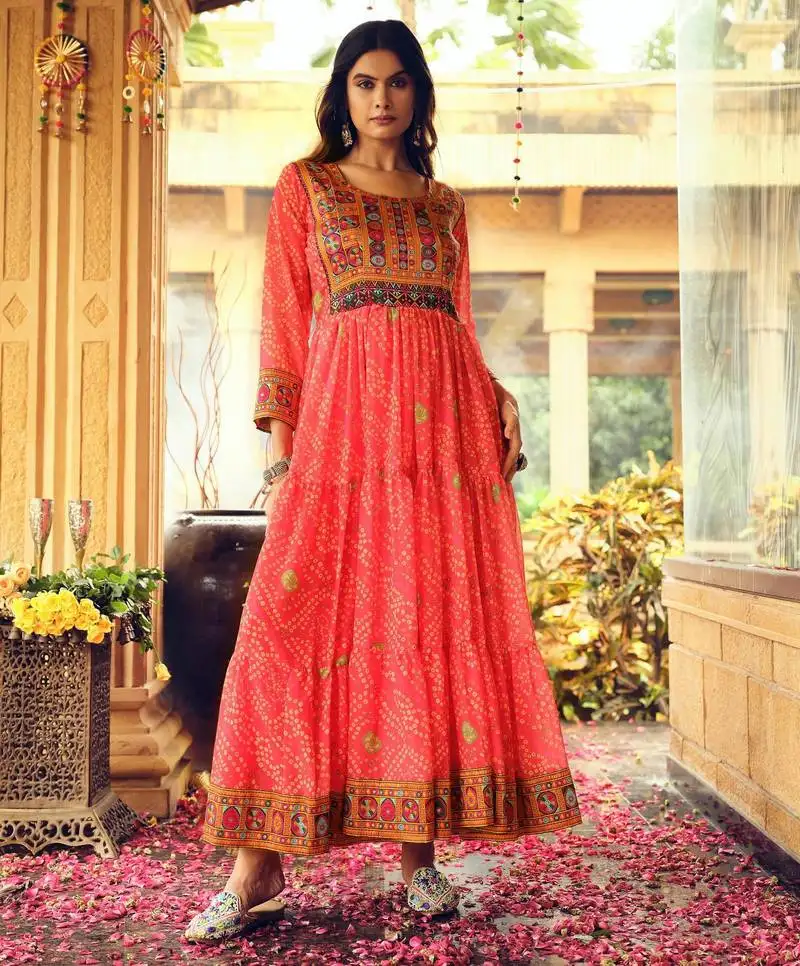Women gorgeous bandhani printed faux georgette fabric flared gown