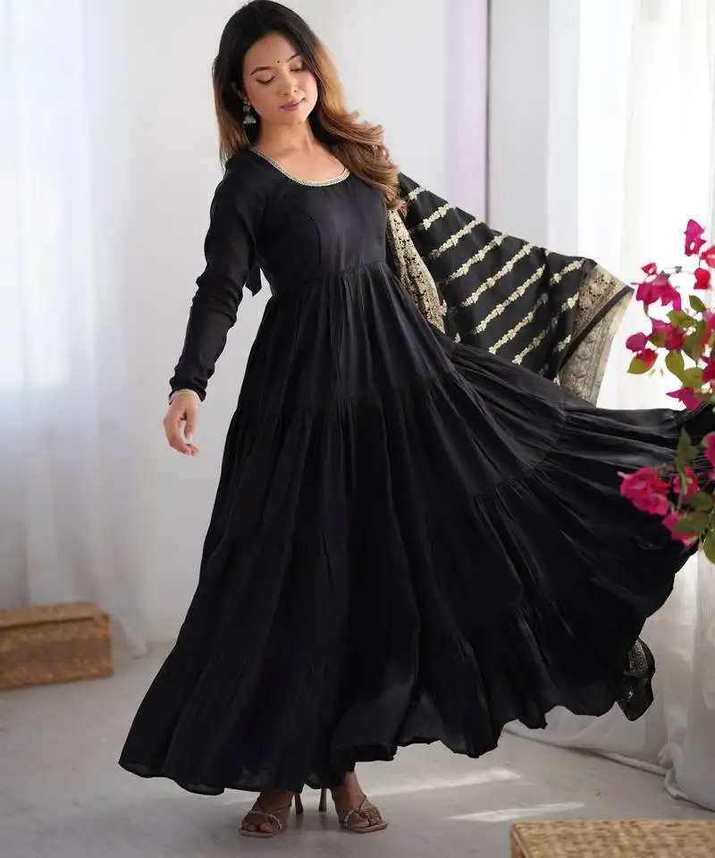 Roman silk chanderi fabric fully flair anarkali gown with dupatta, pent stitched