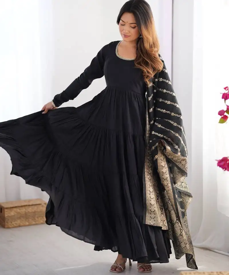 Black flared anarkali with banarasi dupatta stitched
