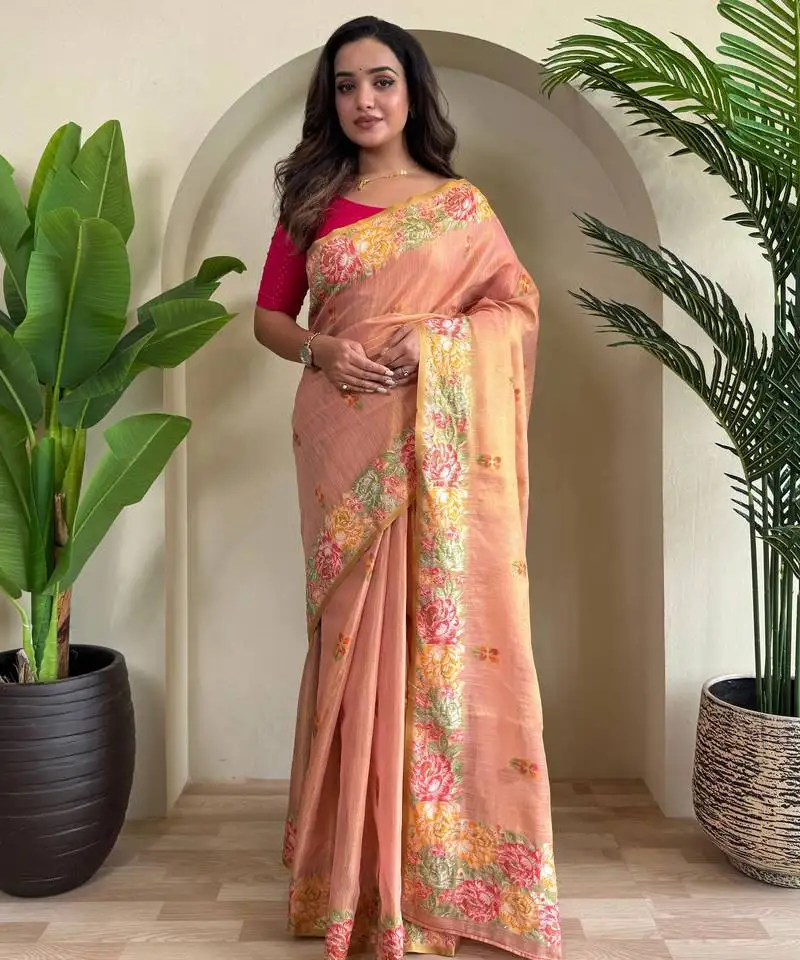 Peach jacquard zari weaving tissue saree