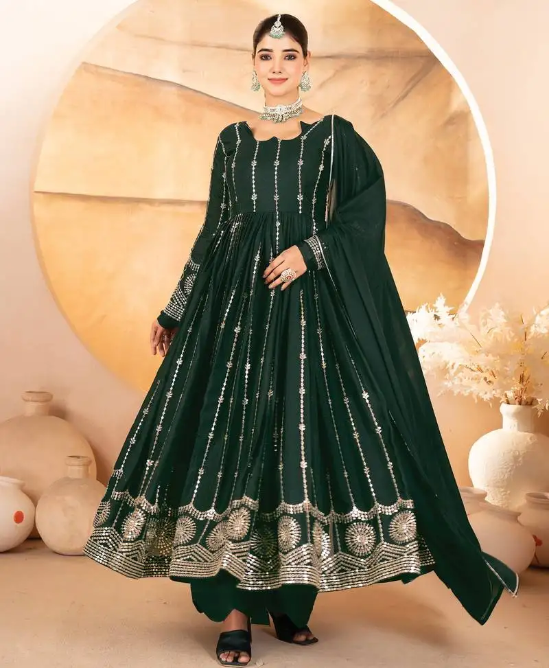 Dark green georgette embroidery party wear suit set stitched