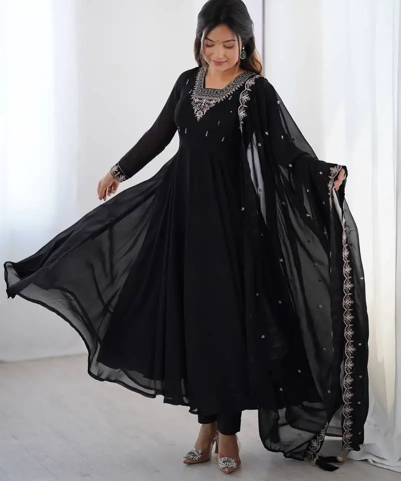 Black flowy kurti set with dupatta stitched