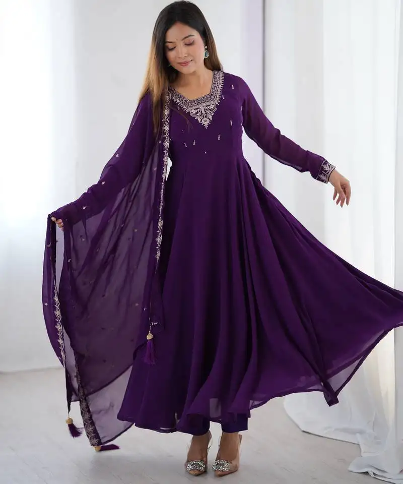 Elegant purple flared anarkali set with hand embroidery stitched