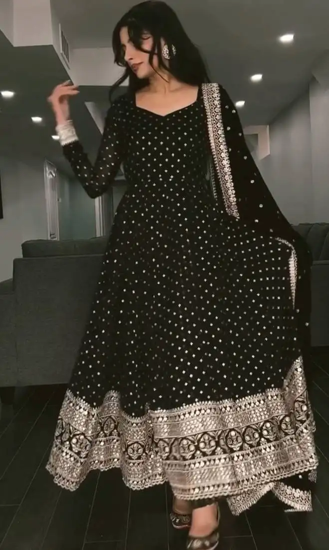 Black embroidered faux georgette suit set stitched