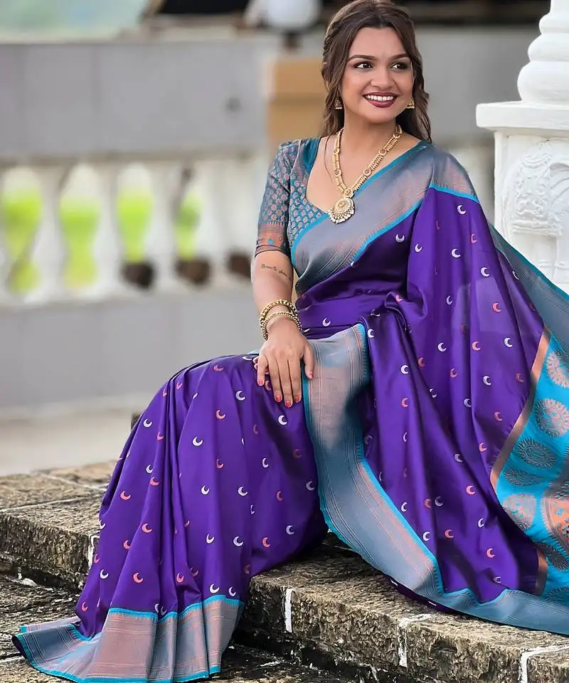 Violet paithani saree with zari weawing meenakari moon design with contrast blouse