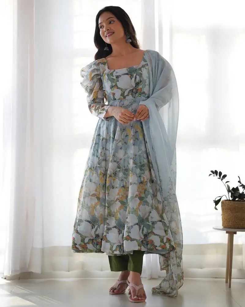 Floral printed organza silk fabric fully flair anarkali kurti with pant and dupatta stitched