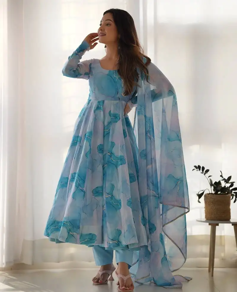 Marble print organza silk fabric fully flair kali pattern anarkali kurti with dupatta set stitched