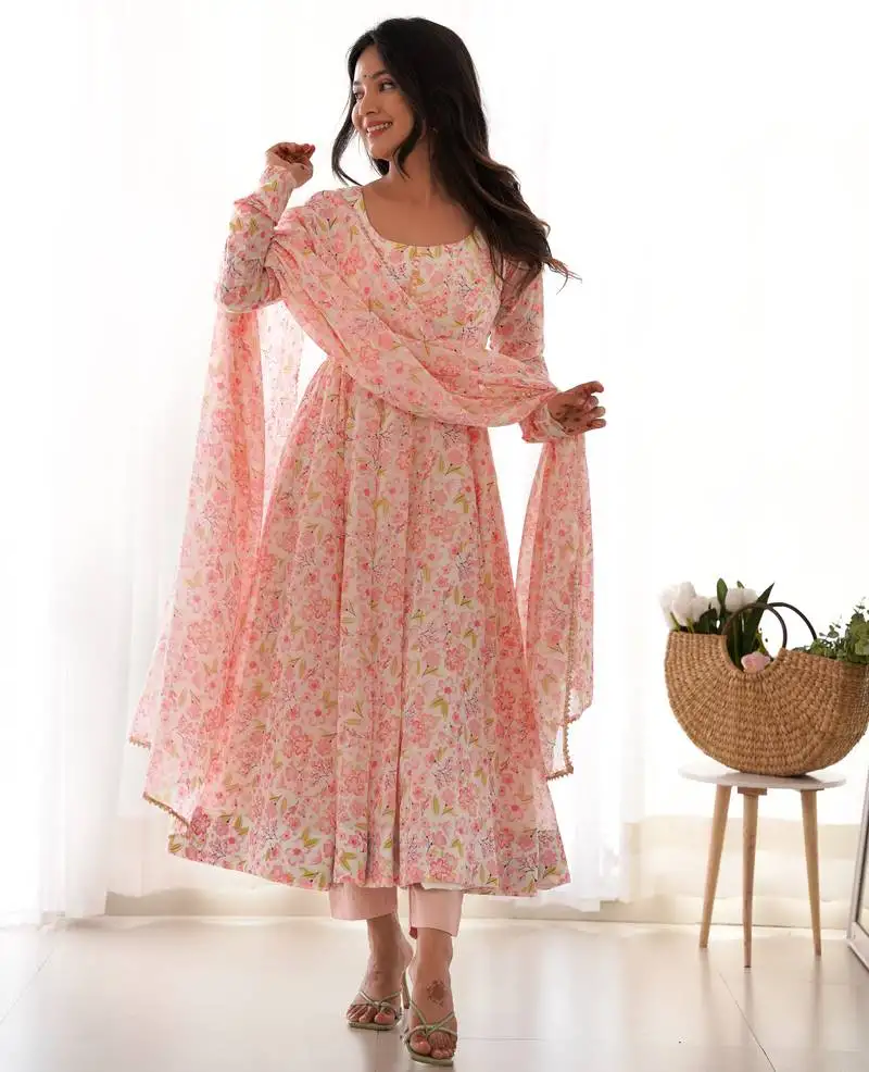 Floral print chiffon fabric orange color flared anarkali kurti with pant and dupatta stitched