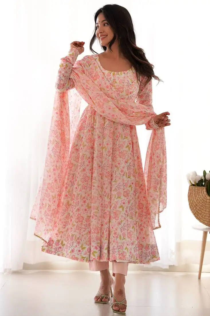 Impressive peach chiffon floral printed casual wear anarkali suit stitched