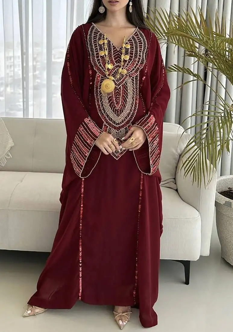 Royal maroon georgette handcrafted zari bedded neck work stitched kaftan party wedding dresses