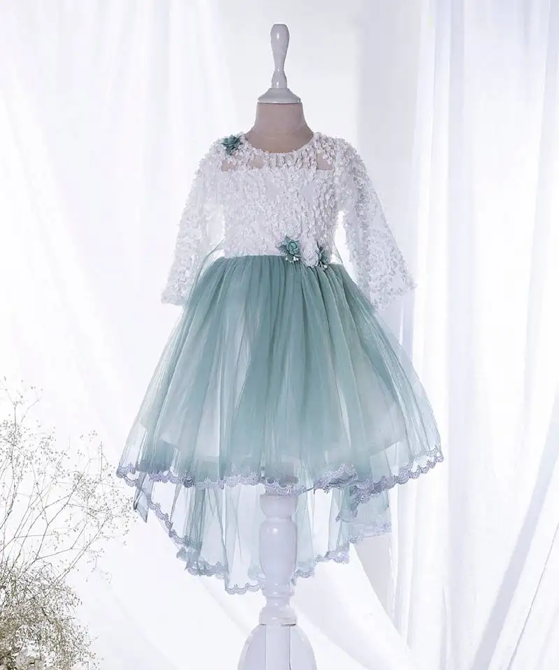 Mini stitch green solid net corsage applique bottom lace detailed frock