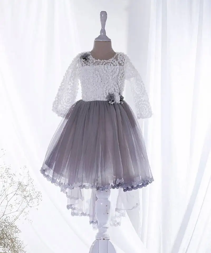 Mini stitch grey solid net corsage applique bottom lace detailed frock